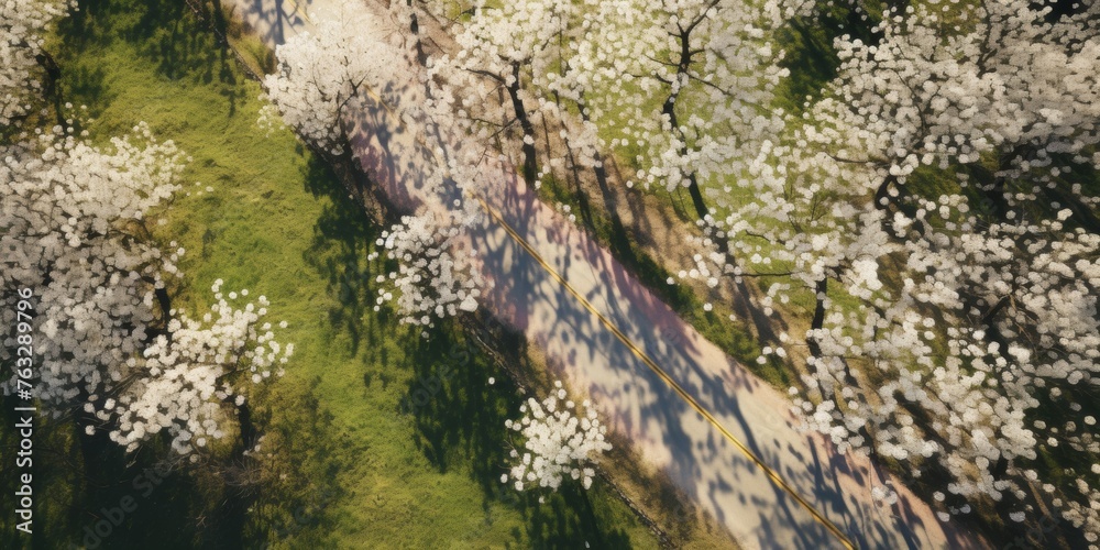 spring blossoms along the road view from above Generative AI