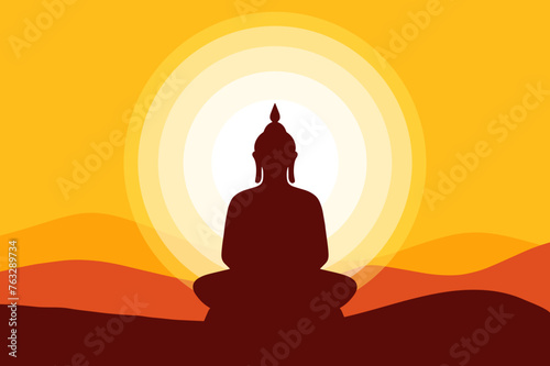 Buddha meditating silhouette and sunset background illustration