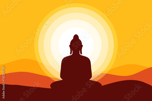 Buddha meditating silhouette and sunset background illustration