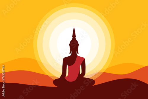 Buddha meditating silhouette and sunset background illustration