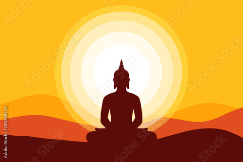 Buddha meditating silhouette and sunset background illustration