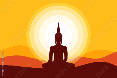 Buddha meditating silhouette and sunset background illustration