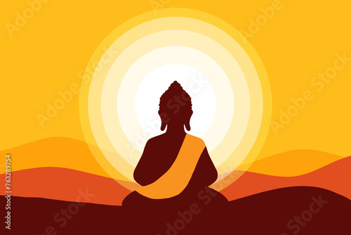 Buddha meditating silhouette and sunset background illustration