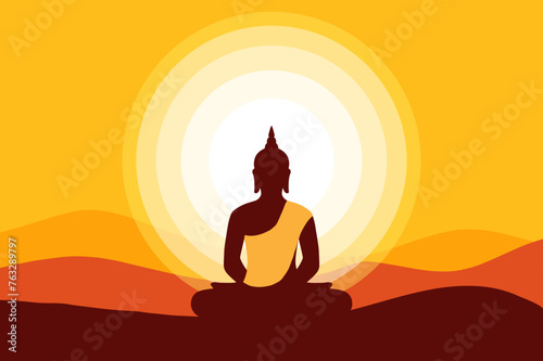 Buddha meditating silhouette and sunset background illustration