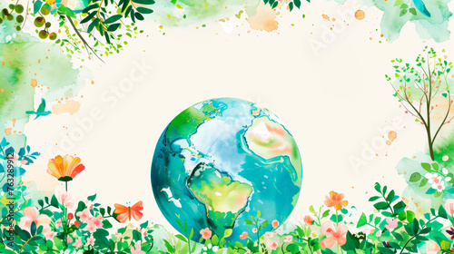 A painting of Earth at the center of the canvas, surrounded by a vibrant array of flowers in various colors, shapes. Earth is depicted with its recognizable land masses and oceans. Banner. Copy space