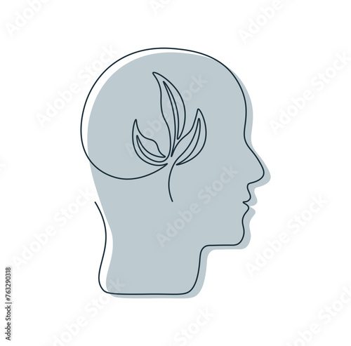 One line drawing human head with plant inside. Mental health concept in single continuous line. Positive thinking. Psychological growth. Taking care yourself. Simple isolated vector illustration.