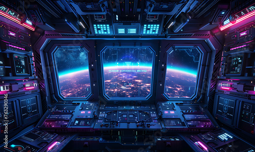 A hyper-realistic spaceship panel made of metal, with a top squared panoramic view of space, featuring neon blue and purple details. Generative Ai photo