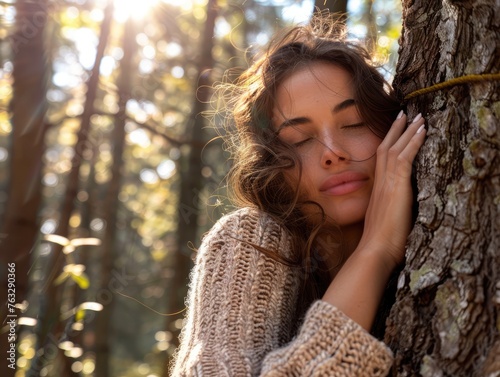Pensive woman hugging big tree trunk in the forest, connection with nature