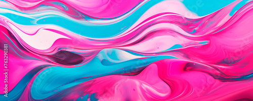 An abstract painting featuring vibrant pink and blue colors blending in fluid lines and shapes. The colors create a dynamic contrast and a sense of movement across the canvas. Banner. Copy space