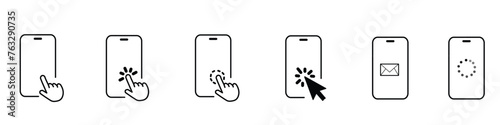 Hand touch screen smartphone. Mobile phone touch screen icon. Click on the smartphone. Vector illustration.