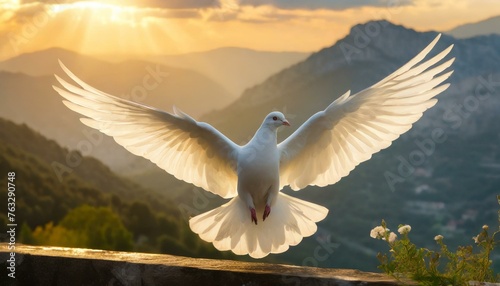 Holy Spirit  White Dove with Open Wings in Majestic Mountain