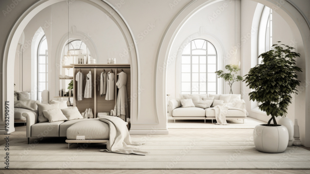 A large, open living room with white furniture and a potted plant. The room has a clean, minimalist look and feels spacious and airy A large, open living room with white furniture and a potted plant. The room has a clean, minimalist look and feels spacious and airy