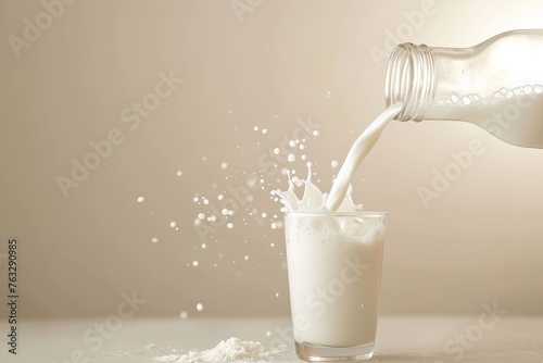 liquid solution of rice milk is being poured from a bottle into a glass using a drinking straw. Rice milk is a plantbased alternative drink made from rice as the main ingredient, similar to doogh photo