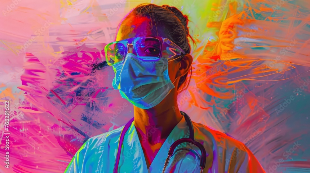 A painting featuring a doctor wearing a face mask, symbolizing healthcare and safety measures during times of infectious diseases