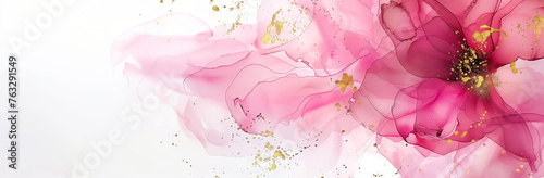 Pink alcohol ink painting, fluid lines in the style of pink and gold color, white background, pink petals © chali