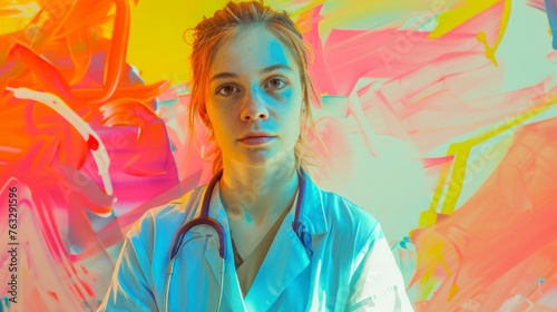 A woman doctor standing confidently in front of a vibrant and colorful background, symbolizing professionalism and dedication in healthcare