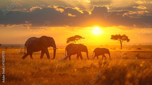Elephants walking through grass field at sunset with sun in background and a few trees in foreground. Concept Wildlife, Nature Photography, Sunset Landscape, Elephant Behavior, Wildlife Conservation