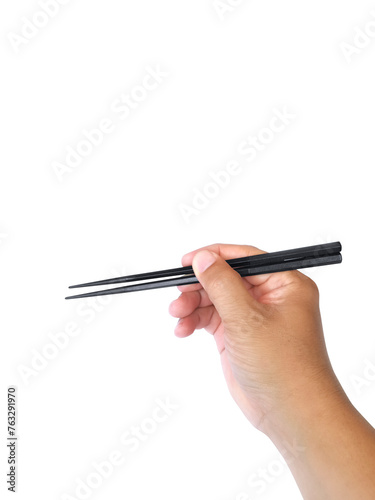 Hand holding wooden chopsticks, transparent background