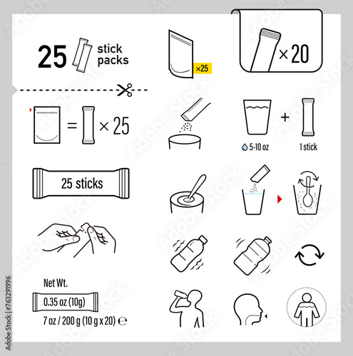Icons of stick package bag set with samples, preparation instructions. Vector elements for infographics. Set of sign for detailed guideline. Ready for your design. EPS10.