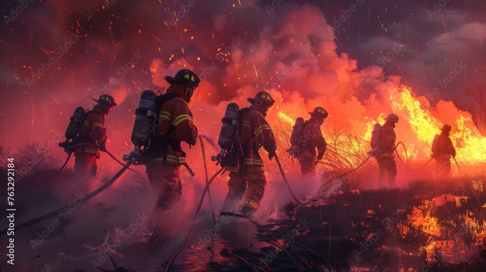 Fototapeta premium A group of fire fighters in full gear standing in front of a blazing fire, showcasing their courage and teamwork in the face of danger