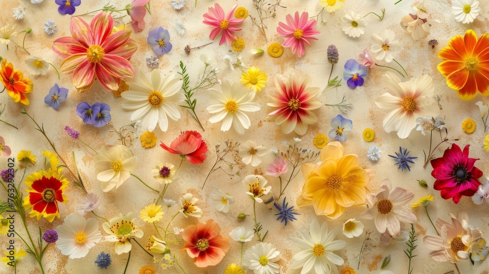 A vibrant display of assorted flowers adorning a wall, creating a beautiful sight perfect for Mothers Day celebration A vibrant display of assorted flowers adorning a wall, creating a beautiful sight perfect for Mothers Day celebration