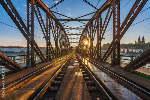 Fototapeta Naklejka Na Ścianę i Meble -  On the rails of the Vysehrad railway bridge over Vltava river.