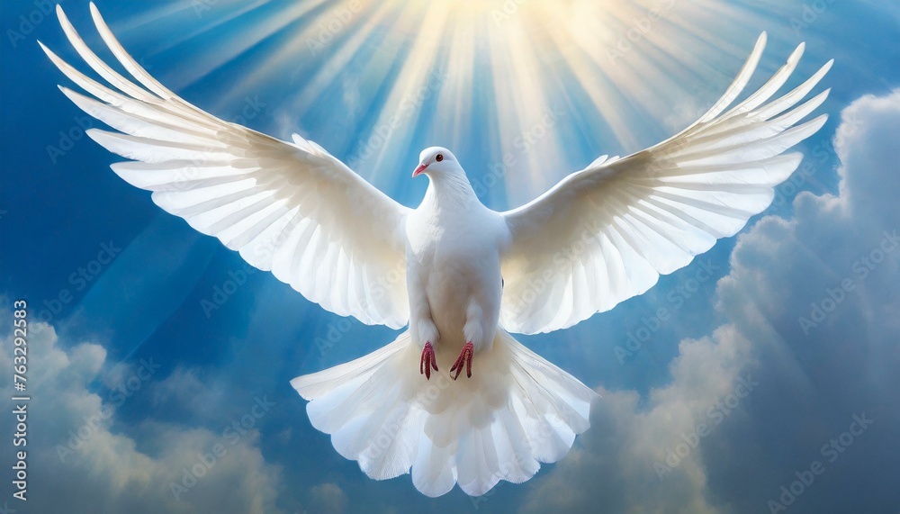 Fototapeta premium Holy Spirit: White Dove with Open Wings in a Light of Blue Sky