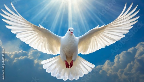 Holy Spirit: White Dove with Open Wings in a Light of Blue Sky