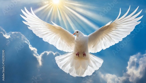 Holy Spirit  White Dove with Open Wings in a Light of Blue Sky