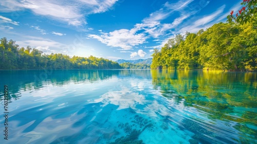 A body of water reflecting green trees in a serene and natural setting