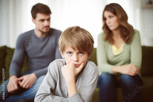 a young boy is sitting on a couch with his parents arguing and making his own boundaries, growing age