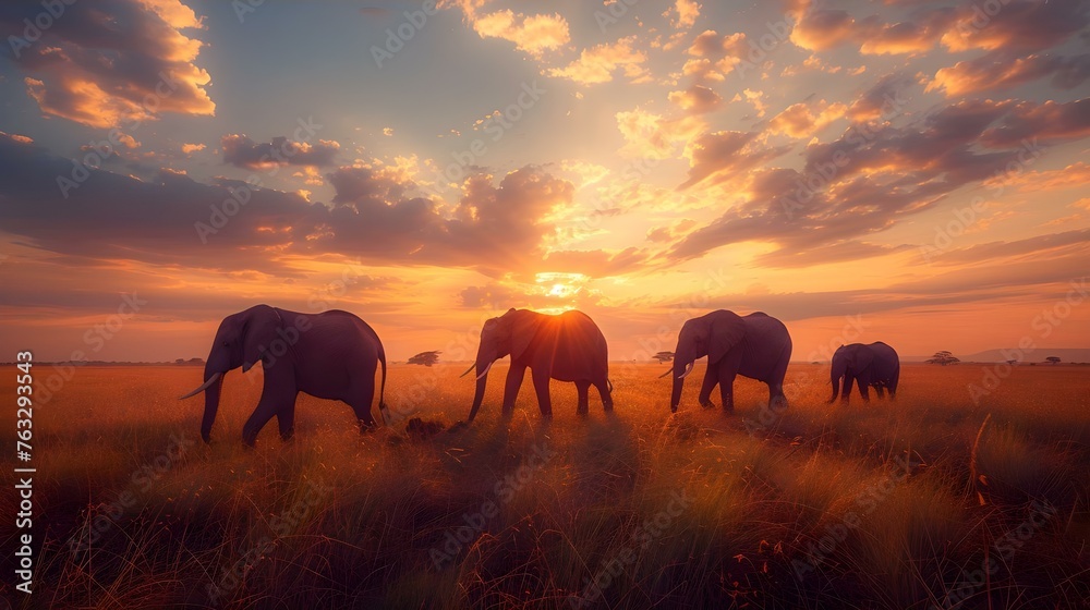 Elephants strolling through a grass field during sunset with the sun shining in the background and a few trees in the foreground. Concept Nature, Wildlife, Sunset, Landscape, Animals