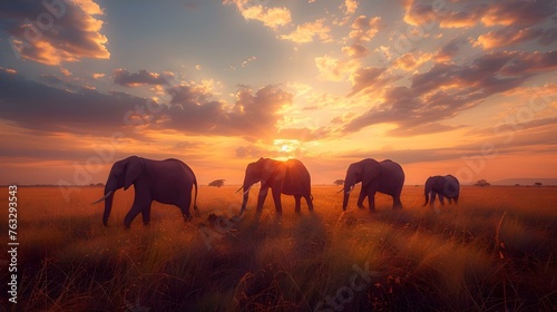 Elephants strolling through a grass field during sunset with the sun shining in the background and a few trees in the foreground. Concept Nature, Wildlife, Sunset, Landscape, Animals © Anastasiia