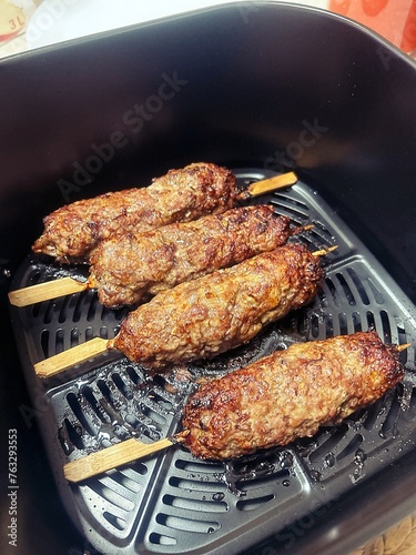 minced meat on wooden toothpicks, Greek souvlaki, meat baked in airfryer, minced meat