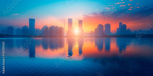 The sun is seen setting over the towering buildings of the city skyline, casting a golden hue across urban landscape.
