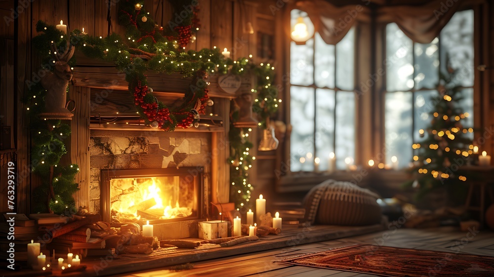 an AI-generated picture of a fireplace with tasteful decorations in a charming wooden cabin, surrounded by the tranquility of a forest bathed in soft, warm light
