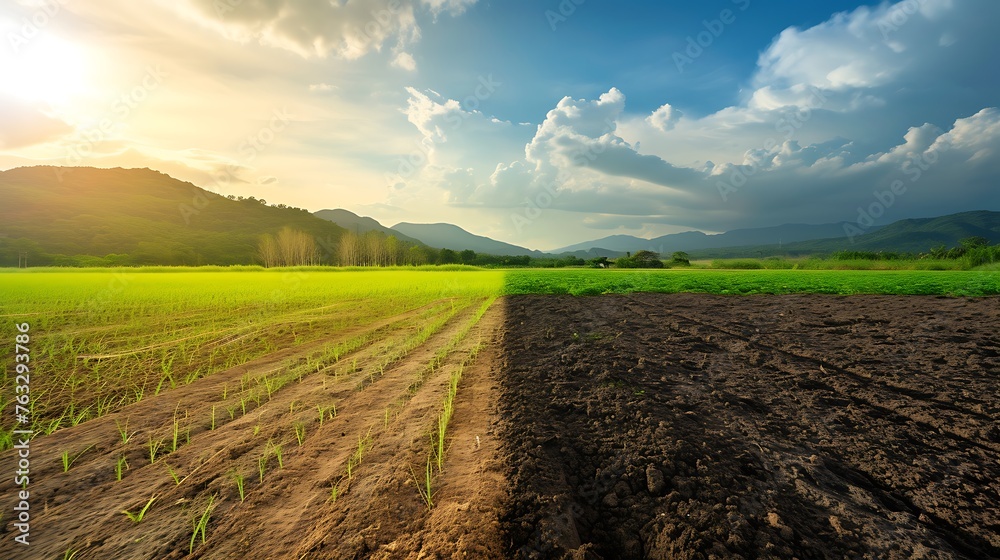 Land with dry and cracked ground and green field .Desert, Global warming background Land with dry and cracked ground and green field .Desert, Global warming background