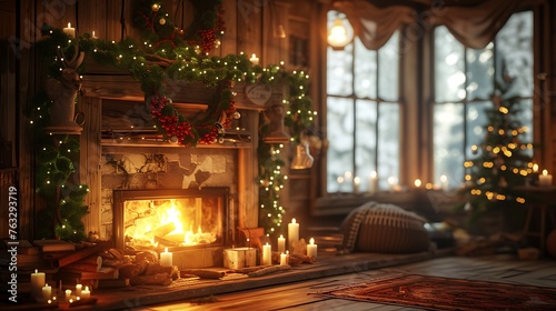 an AI-generated picture of a fireplace with tasteful decorations in a charming wooden cabin  surrounded by the tranquility of a forest bathed in soft  warm light