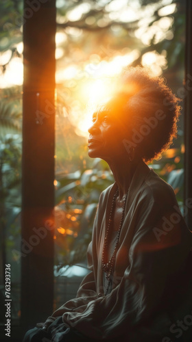 Meditate, elderly African and woman with plants. Senior, retirement and spiritual health in room with large window. Thinking, thoughtful and praying in sunset for worship and lifestyle concept