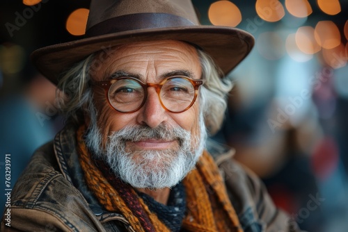 Portraiture of a stylish elderly man with a beard, glasses, and a hat, exuding charisma and charm