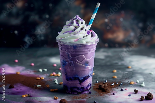 Galaxy frappe, milskahe cocktail with blueberry and straw, violet topping, for cafe or restaurant menu illustration  photo