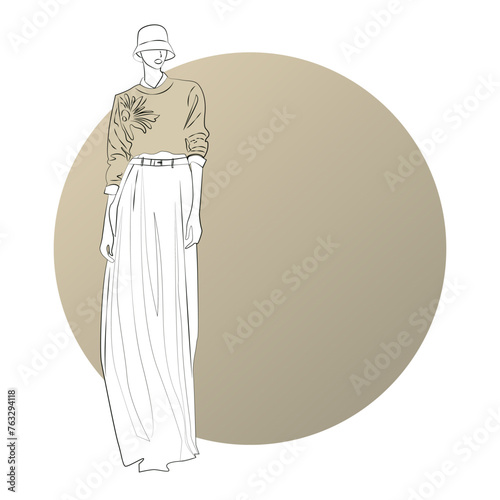 female silhouette on a background of a beige circle. Fashion illustration concept. Vector drawing in line style.