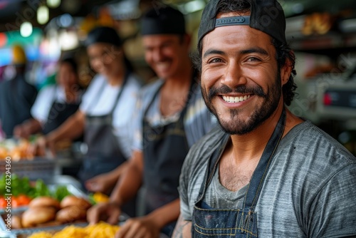 A charismatic food stall vendor smiling at the camera with fellow workers and food items in the background