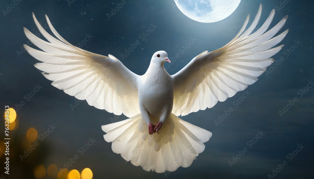 Obraz premium Holy Spirit: White Dove with Open Wings Embraced by Moonlight in Night Sky