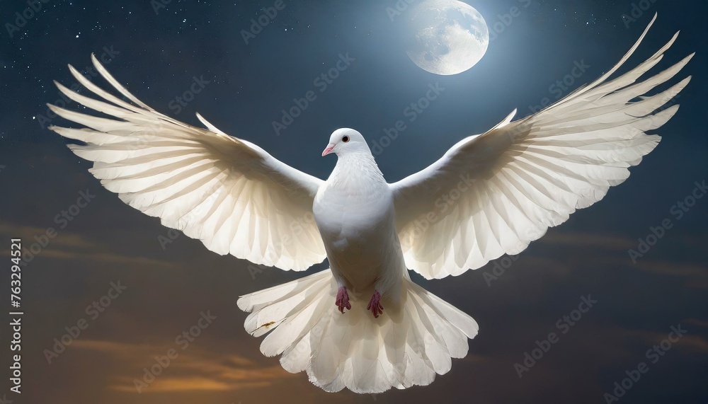 Obraz premium Holy Spirit: White Dove with Open Wings Embraced by Moonlight in Night Sky