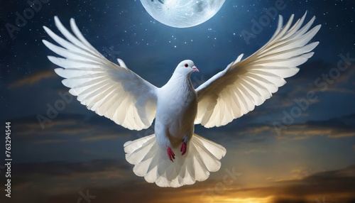 Holy Spirit: White Dove with Open Wings Embraced by Moonlight in Night Sky