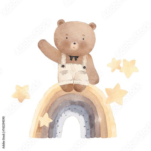 Little bear, stars and rainbow. Watercolor illustration. Can be used for cards, invitations, baby shower, posters. Vintage.