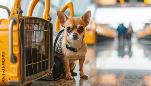 Small dog in a dog carrier at an international airport. Transporting pets on a cargo plane by AI generated image © chartchai