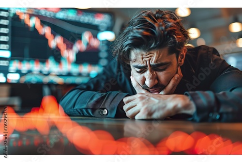 Stressed and desperate businessman crying watching stock market crash and business fall photo