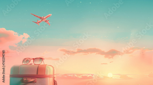 Airplane flying above a vintage suitcase against a vivid sunset sky